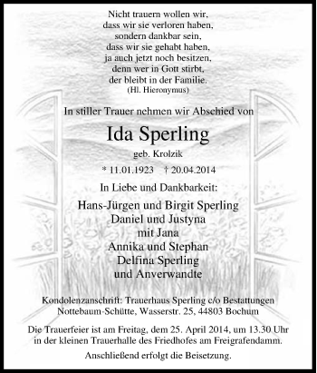Traueranzeige von Ida Sperling von Tageszeitung