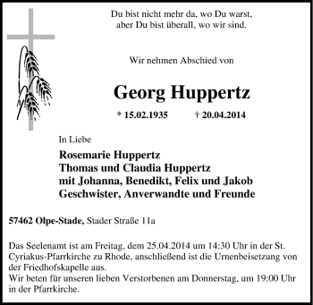 Traueranzeige von Georg Huppertz von Tageszeitung