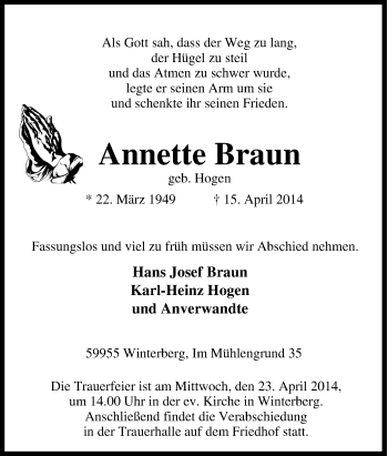 Traueranzeige von Annette Braun von Tageszeitung