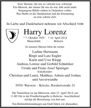 Traueranzeige von Harry Lorenz von Tageszeitung