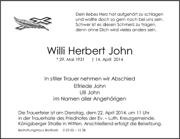 Traueranzeige von Willi Herbert John von Tageszeitung