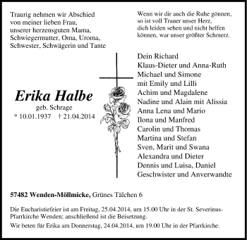 Traueranzeige von Erika Halbe von Tageszeitung