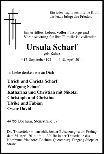 Traueranzeige von Ursula Scharf von Tageszeitung
