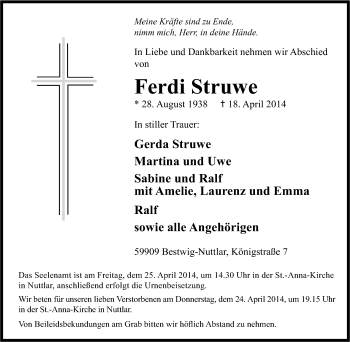 Traueranzeige von Ferdi Struwe von Tageszeitung