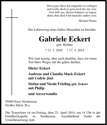 Traueranzeige von Gabriele Eckert von Tageszeitung