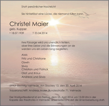 Traueranzeige von Christel Maier von Tageszeitung