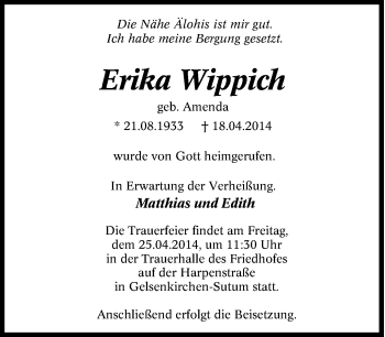 Traueranzeige von Erika Wippich von Tageszeitung
