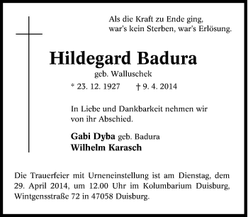 Traueranzeige von Hildegard Badura von Tageszeitung