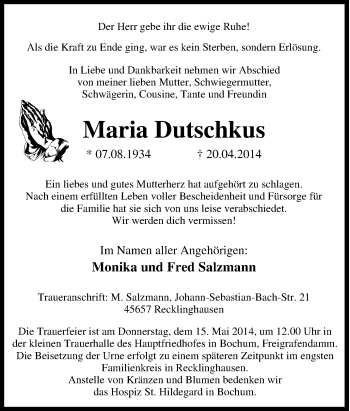 Traueranzeige von Maria Dutschkus von Tageszeitung