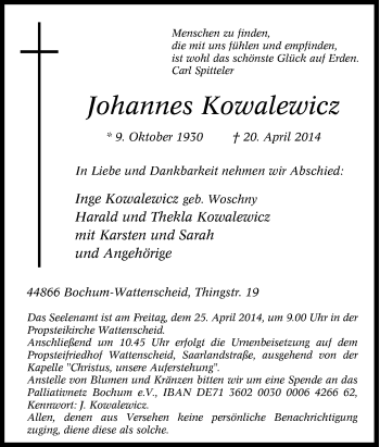 Traueranzeige von Johannes Kowalewicz von Tageszeitung