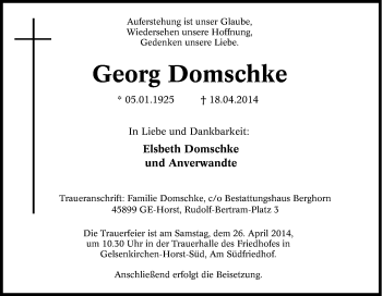 Traueranzeige von Georg Domschke von Tageszeitung