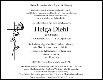 Traueranzeige von Helga Diehl von Tageszeitung