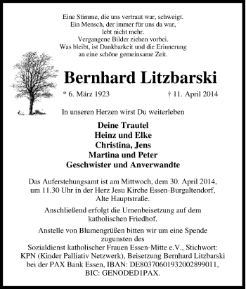Traueranzeige von Bernhard Litzbarski von Tageszeitung