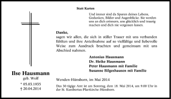 Traueranzeige von Ilse Hausmann von Tageszeitung