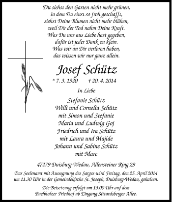 Traueranzeige von Josef Schütz von Tageszeitung