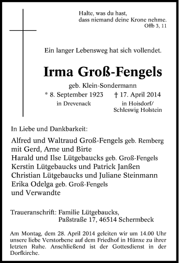 Traueranzeige von Irma Groß-Fengels von Tageszeitung