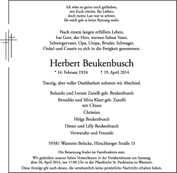 Traueranzeige von Herbert Beukenbusch von Tageszeitung