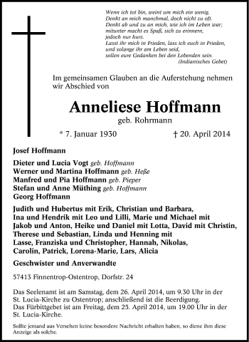 Traueranzeige von Anneliese Hoffmann von Tageszeitung