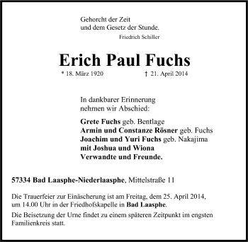 Traueranzeige von Erich Paul Fuchs von Tageszeitung