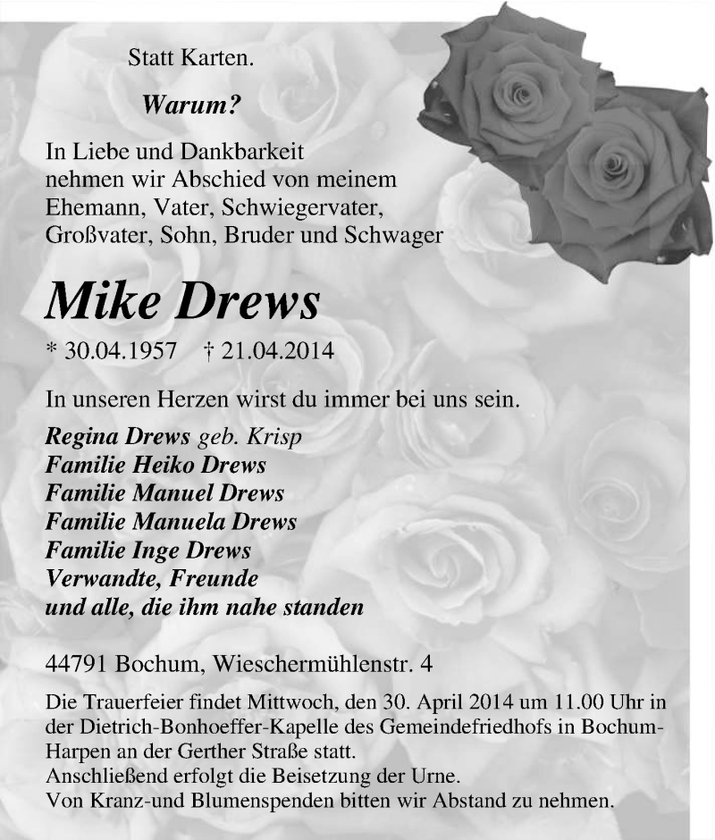 Traueranzeige für Mike Drews vom 26.04.2014 aus Tageszeitung