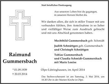 Traueranzeige von Raimund Gummersbach von Tageszeitung