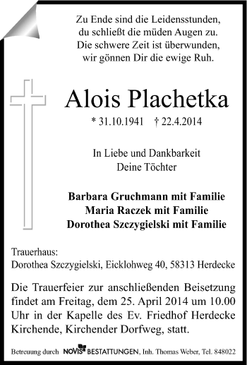 Traueranzeige von Alois Plachetka von Tageszeitung