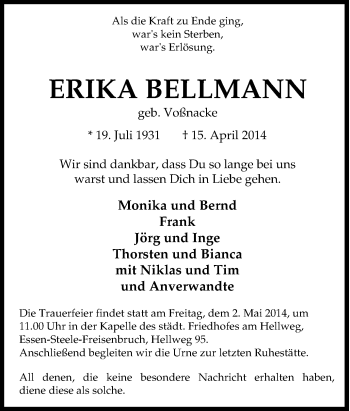 Traueranzeige von Erika Bellmann von Tageszeitung