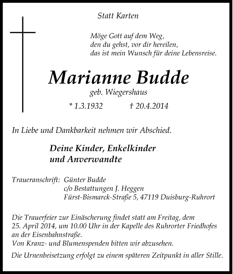  Traueranzeige für Marianne Budde vom 23.04.2014 aus Tageszeitung