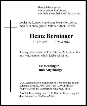 Traueranzeige von Heinz Berninger von Tageszeitung