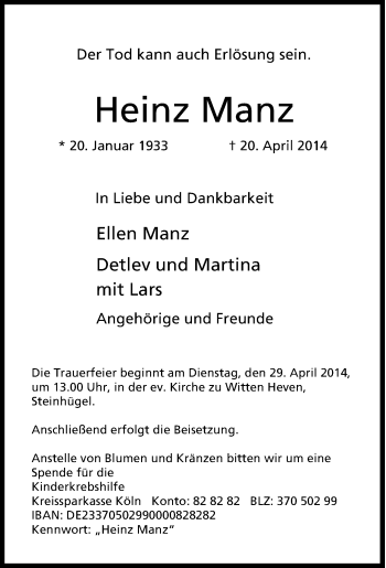 Traueranzeige von Heinz Manz von Tageszeitung