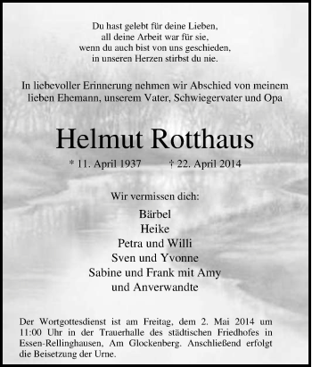 Traueranzeige von Helmut Rotthaus von Tageszeitung