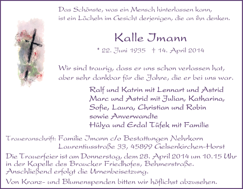  Traueranzeige für Kalle Imann vom 24.04.2014 aus Tageszeitung