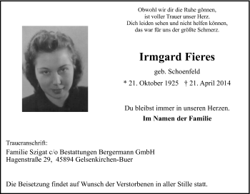 Traueranzeige von Irmgard Fieres von Tageszeitung