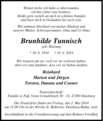 Traueranzeige von Brunhilde Tunnisch von Tageszeitung