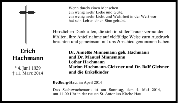 Traueranzeige von Erich Hachmann von Tageszeitung