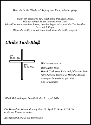 Traueranzeige von Ulrike Turk-Blaß von Tageszeitung