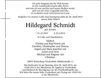 Traueranzeige von Hildegard Schmidt von Tageszeitung