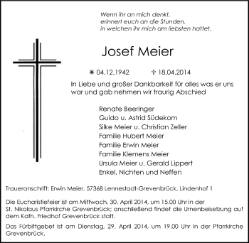Traueranzeige von Josef Meier von Tageszeitung