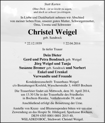 Traueranzeige von Christel Weigel von Tageszeitung