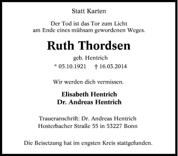 Traueranzeige von Ruth Thordsen von Tageszeitung