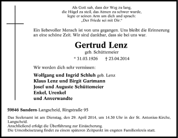 Traueranzeige von Gertrud Lenz von Tageszeitung