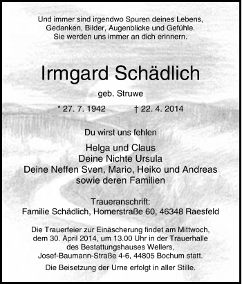Traueranzeige von Irmgard Schädlich von Tageszeitung