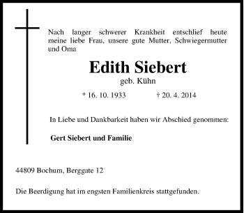 Traueranzeige von Edith Siebert von Tageszeitung