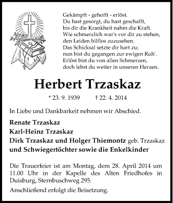 Traueranzeige von Herbert Trzaskaz von Tageszeitung