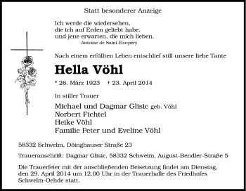 Traueranzeige von Hella Vöhl von Tageszeitung