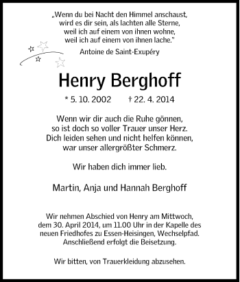 Traueranzeige von Henry Berghoff von Tageszeitung