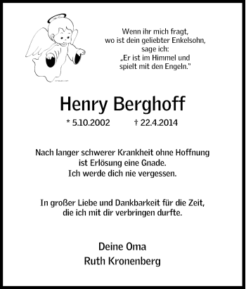 Traueranzeige von Henry Berghoff von Tageszeitung