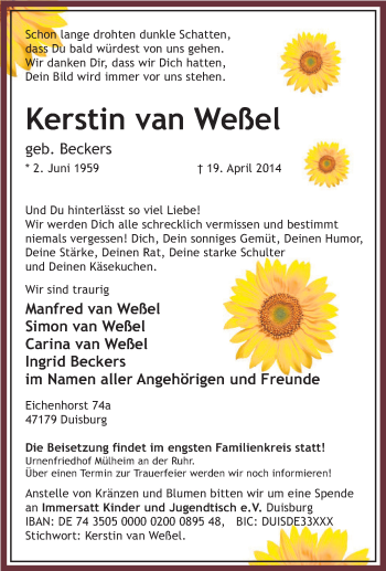 Traueranzeige von Kerstin van Weßel von Tageszeitung