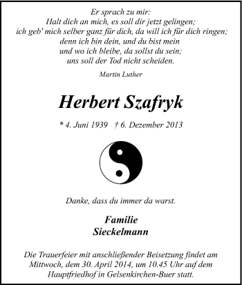 Traueranzeige von Herbert Szafryk von Tageszeitung