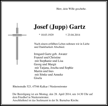Traueranzeige von Josef  Gartz von Tageszeitung